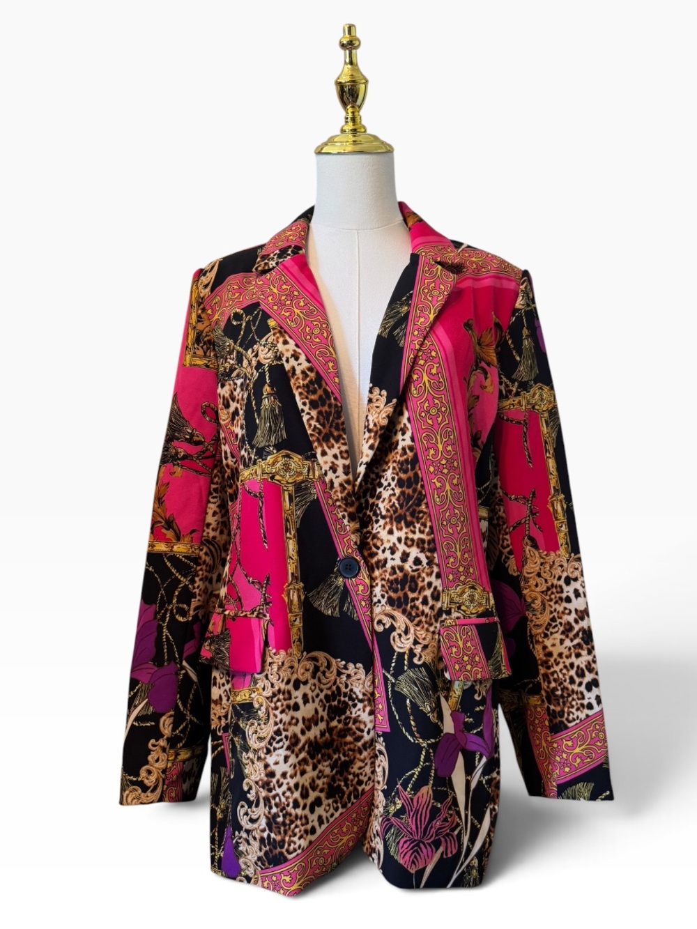 Intempo Baroque & Leopard Print Long Boyfriend Blazer Jacket Pink Gold Size L